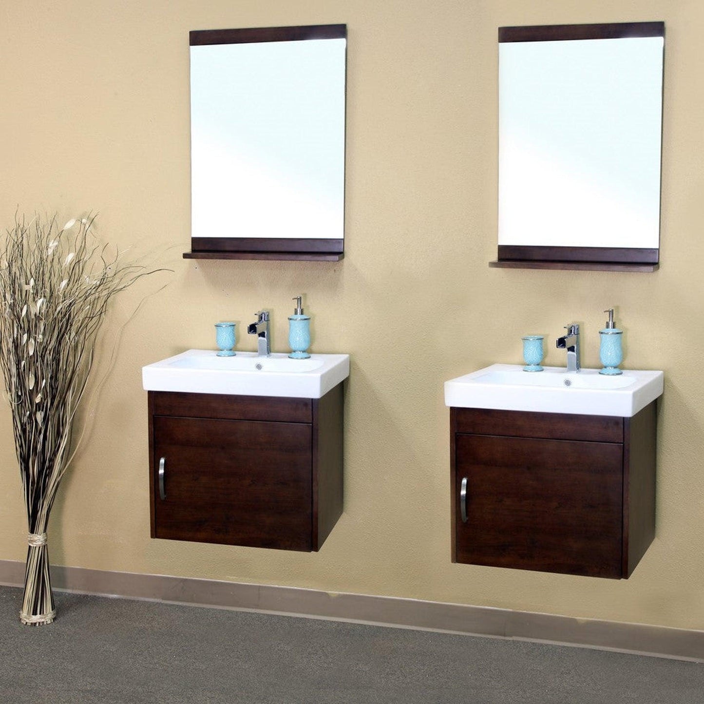Bellaterra Home 49" 2-Door Walnut Wall-Mount Vanity Set With White Ceramic Double Integrated Sink and White Ceramic Top