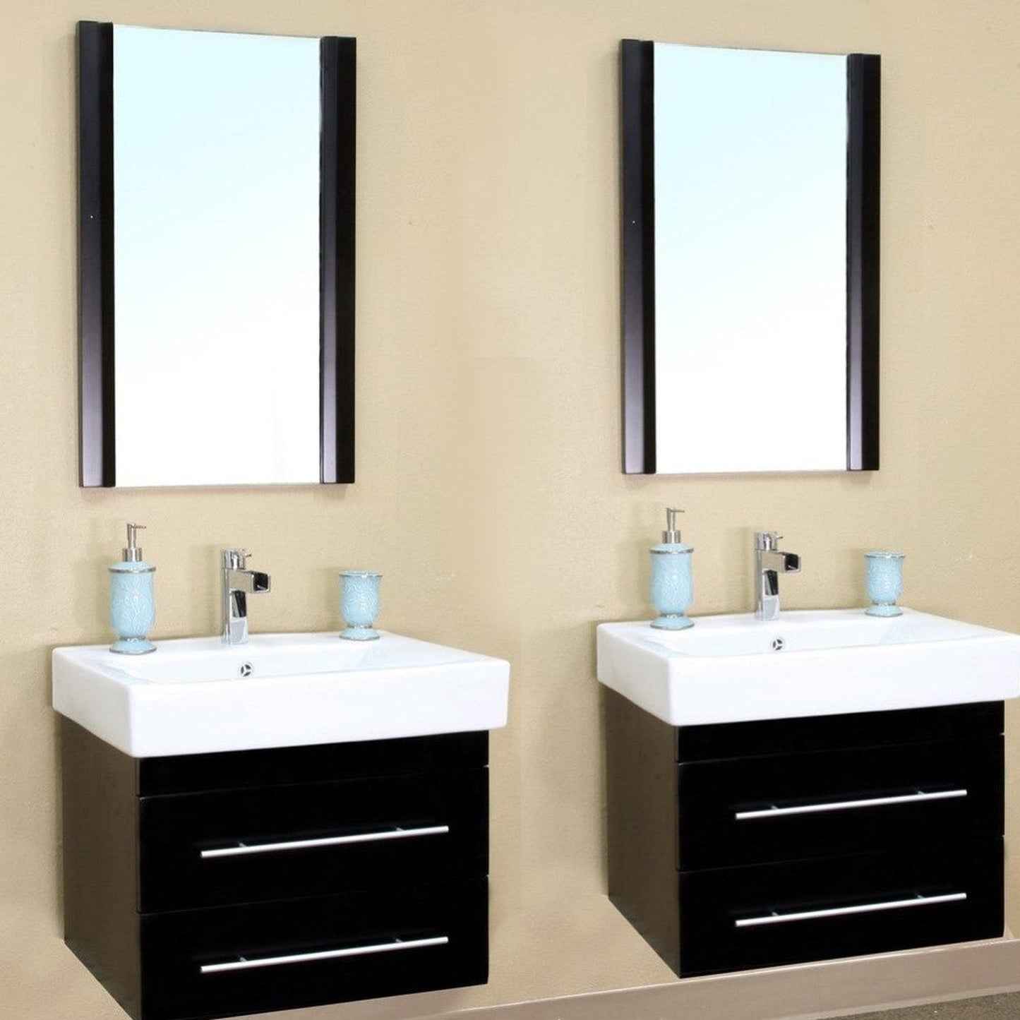 Bellaterra Home 49" 4-Drawer Black Wall-Mount Vanity Set With White Ceramic Double Integrated Sink and White Ceramic Top