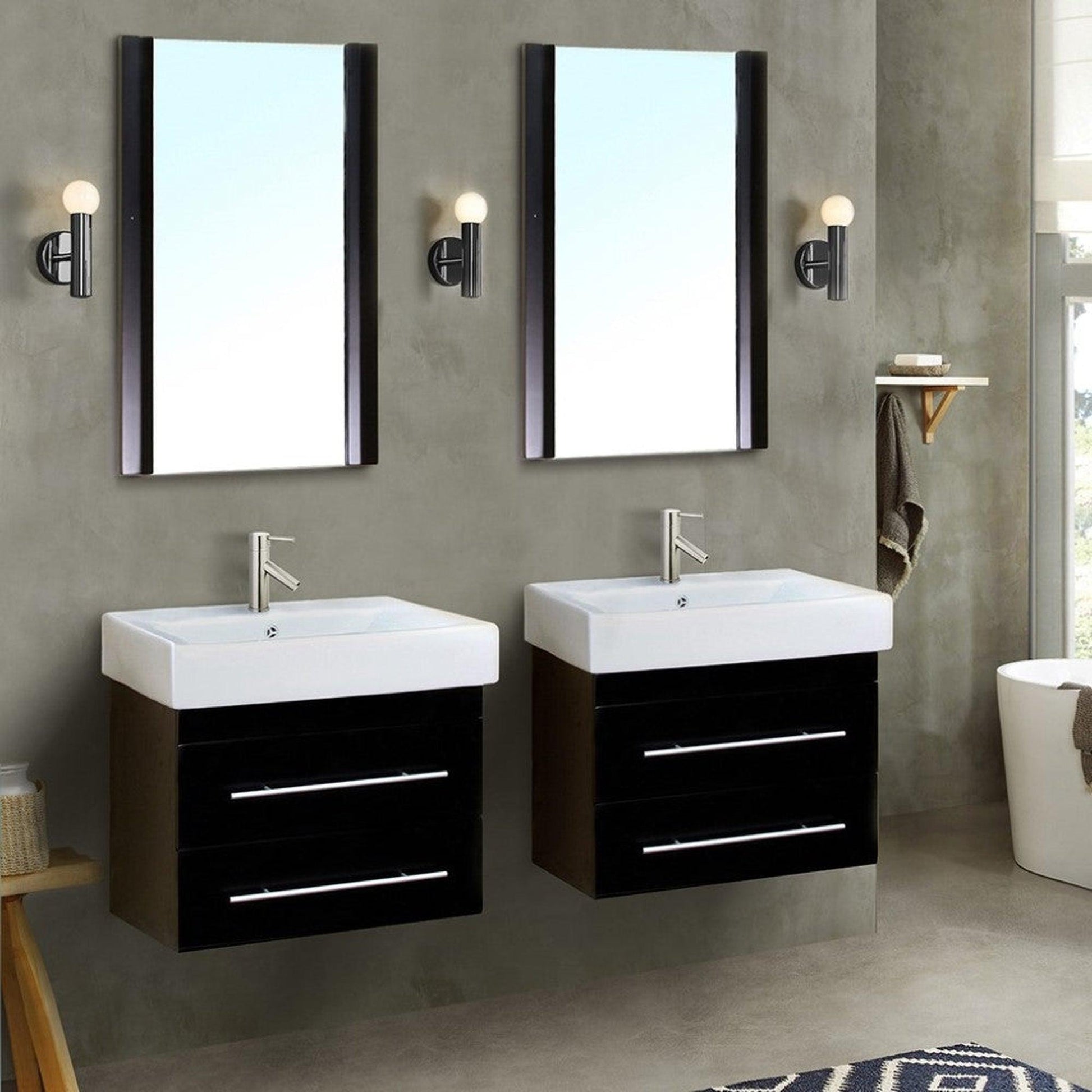Bellaterra Home 49" 4-Drawer Black Wall-Mount Vanity Set With White Ceramic Double Integrated Sink and White Ceramic Top