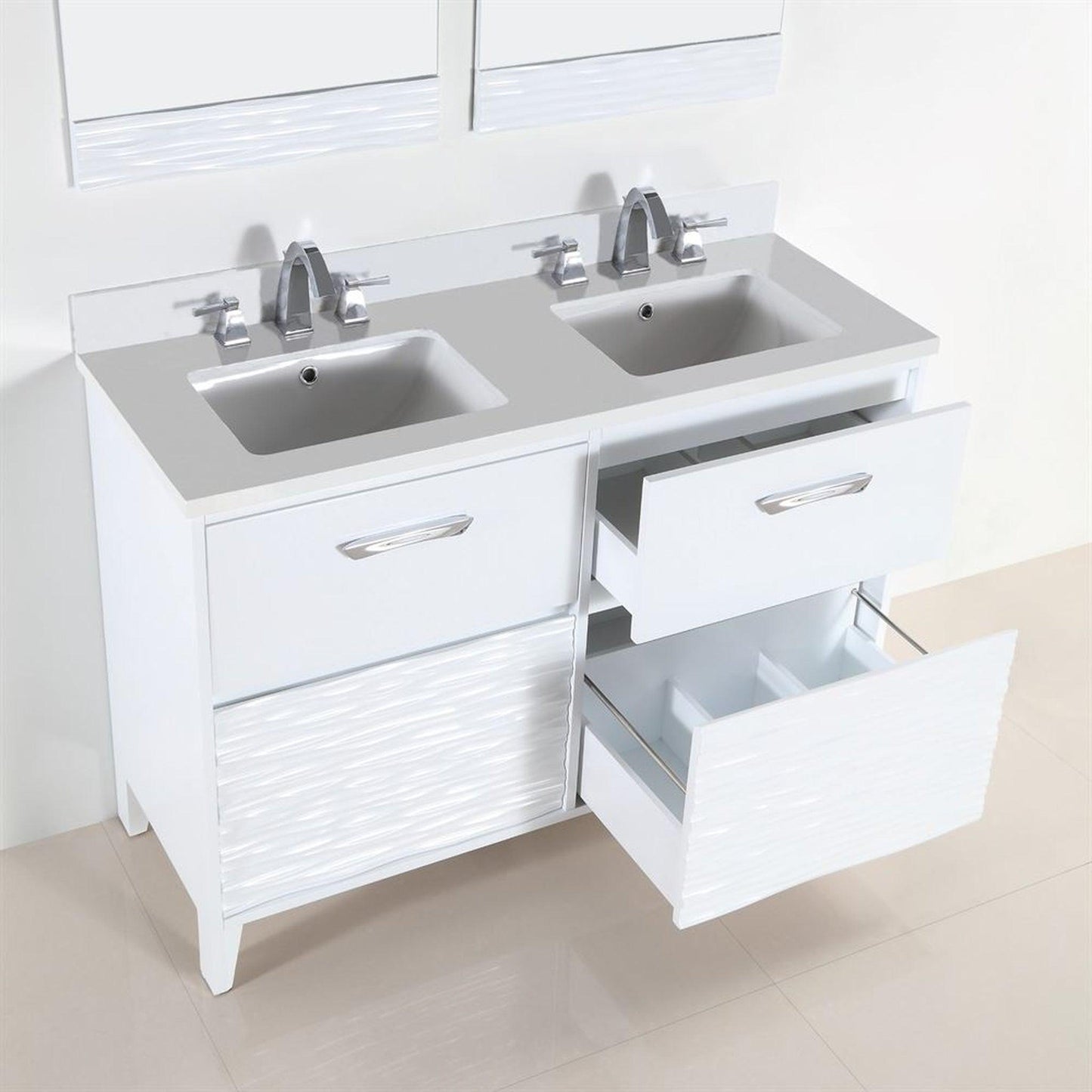 Bellaterra Home 500709-48D-WER 48" 4-Drawer White Freestanding Vanity Set With Ceramic Double Undermount Rectangular Sink and Quartz Top