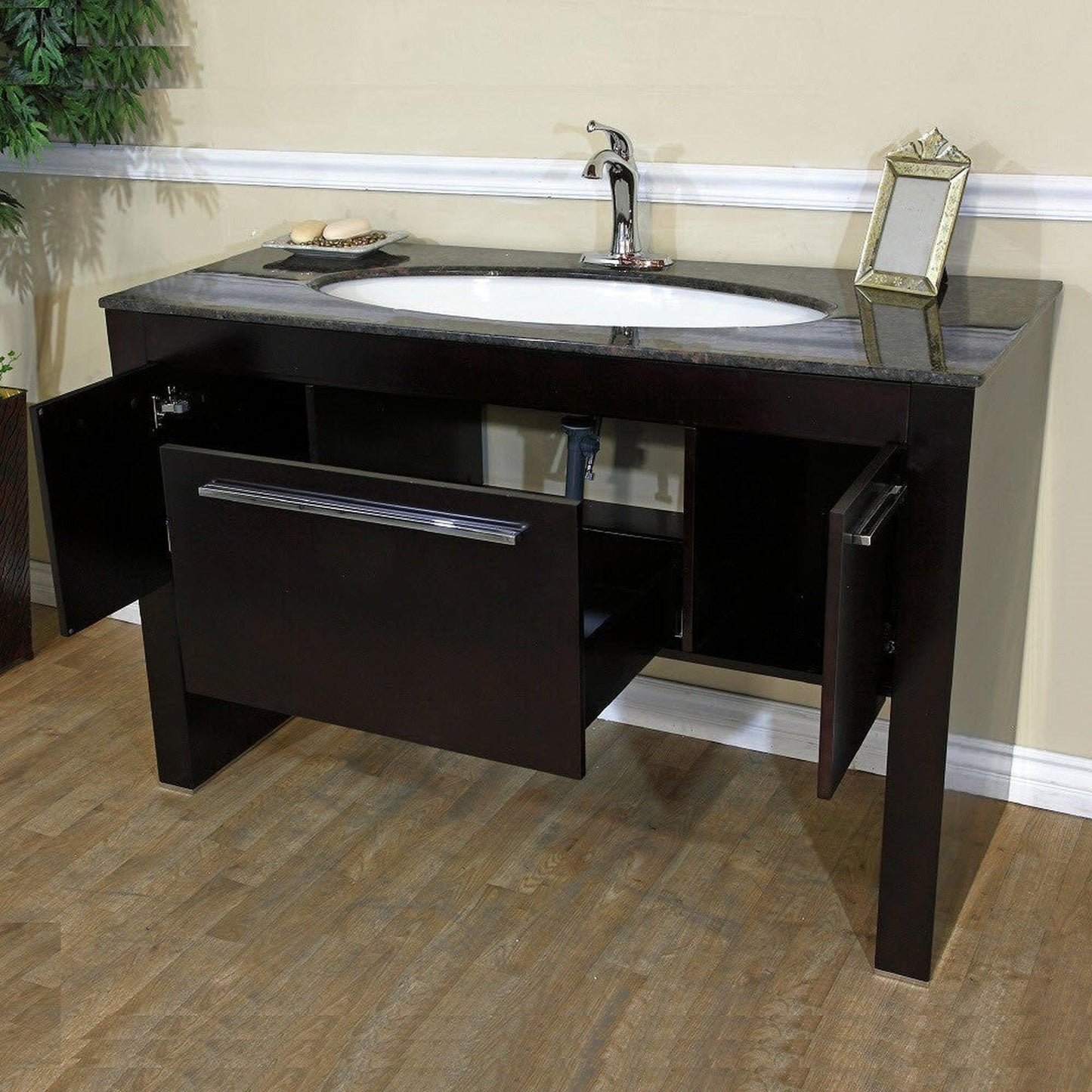 Bellaterra Home 55" 2-Door 1-Drawer Walnut Freestanding Vanity Set With Vitreous China Undermount Rectangular Sink and Baltic Brown Top