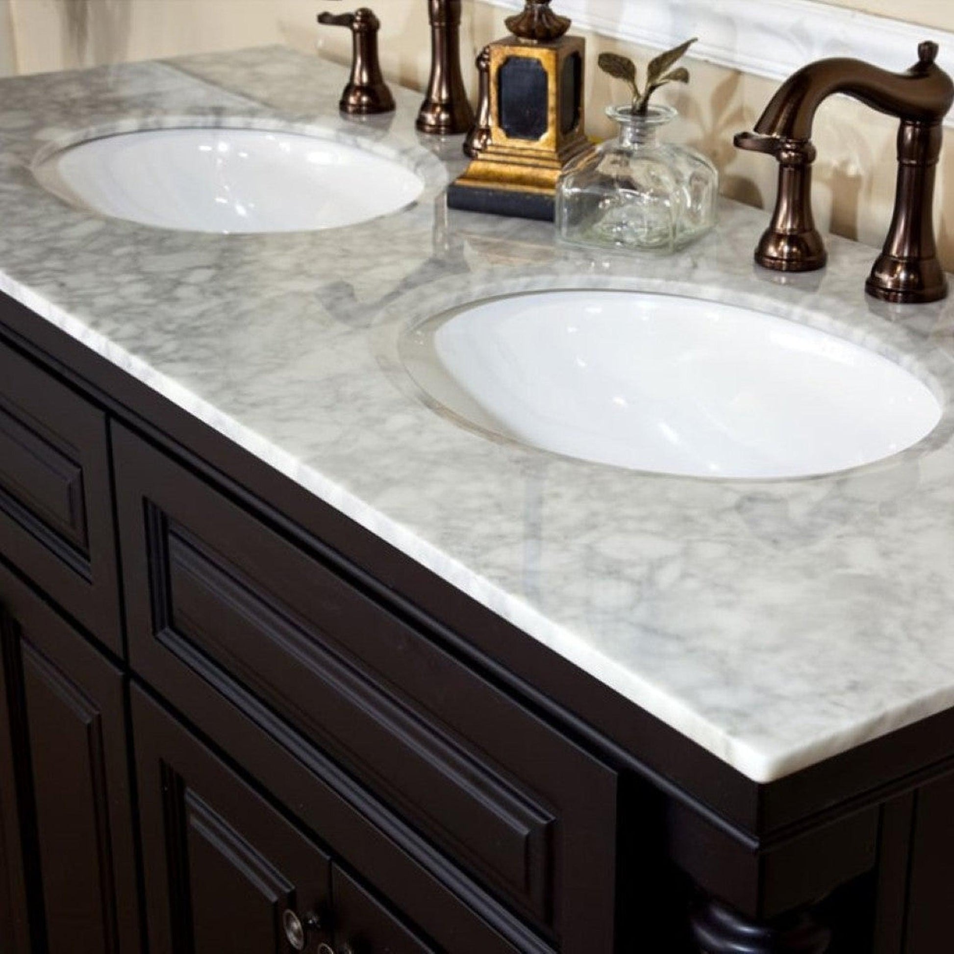 Bellaterra Home 55" 4-Door Dark Mahogany Freestanding Vanity Set With Ceramic Double Undermount Oval Sink and White Carrara Top