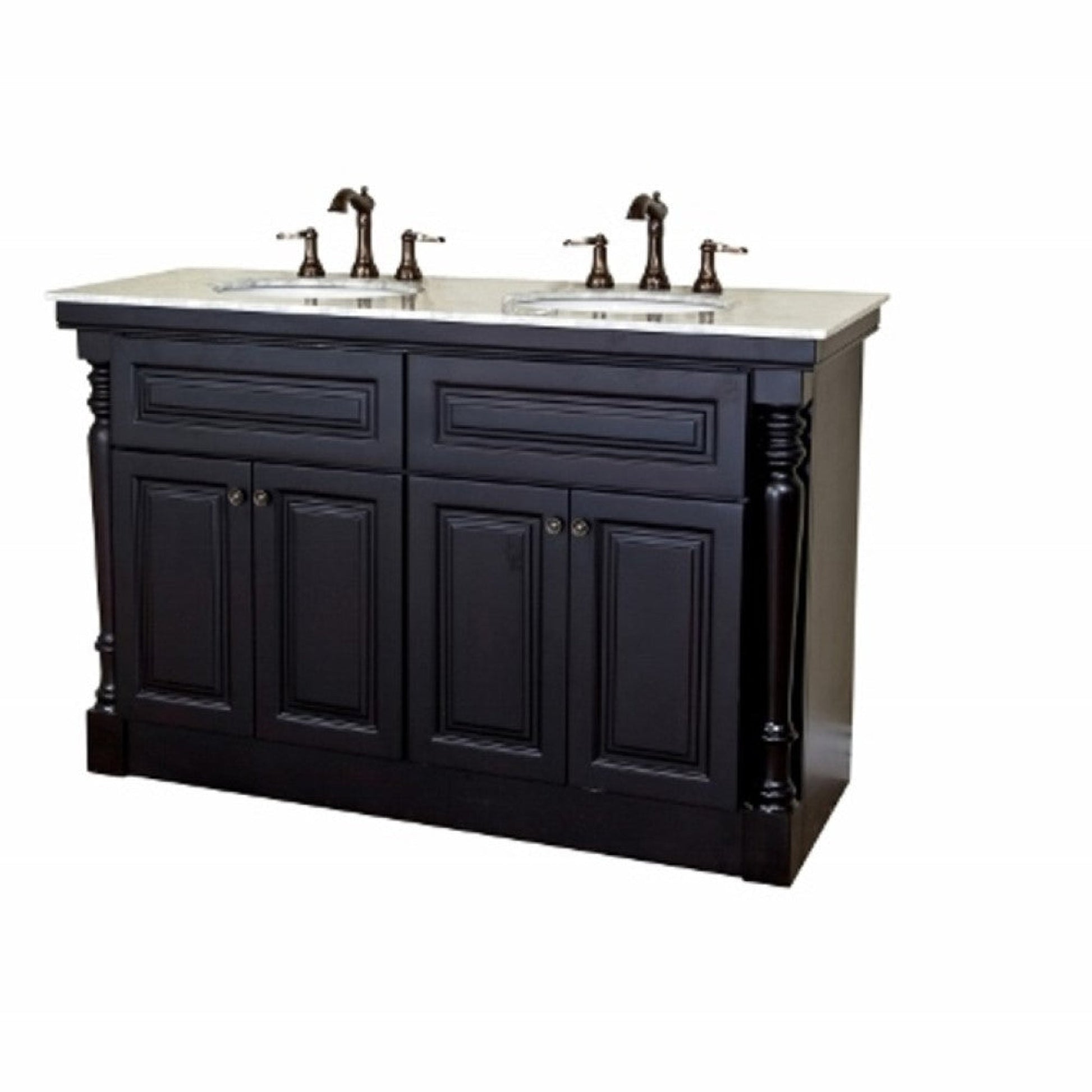 Bellaterra Home 55" 4-Door Dark Mahogany Freestanding Vanity Set With Ceramic Double Undermount Oval Sink and White Carrara Top