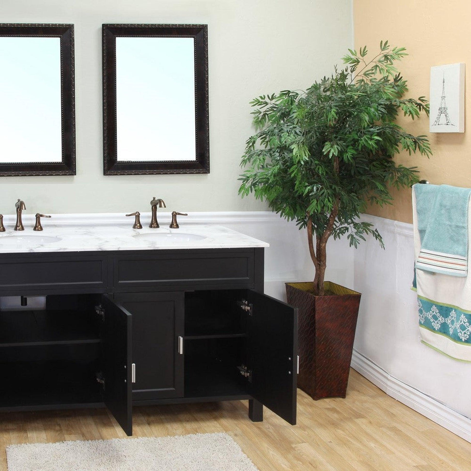 Bellaterra Home 60" 4-Door Ebony Freestanding Vanity Set With UPC White Double Undermount Oval Sink and White Marble Top