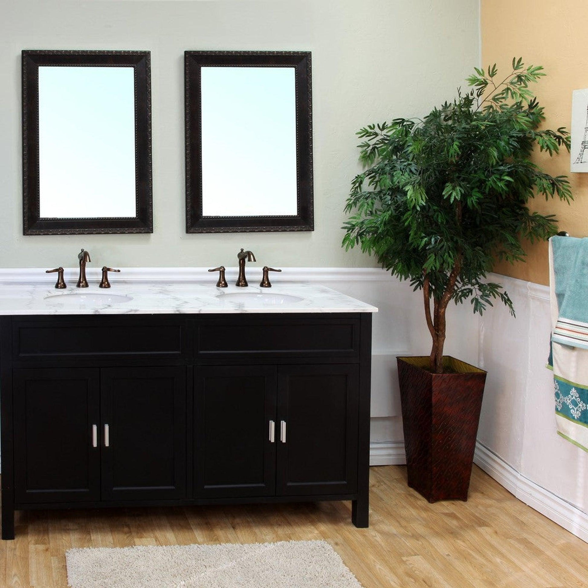 Bellaterra Home 60" 4-Door Ebony Freestanding Vanity Set With UPC White Double Undermount Oval Sink and White Marble Top