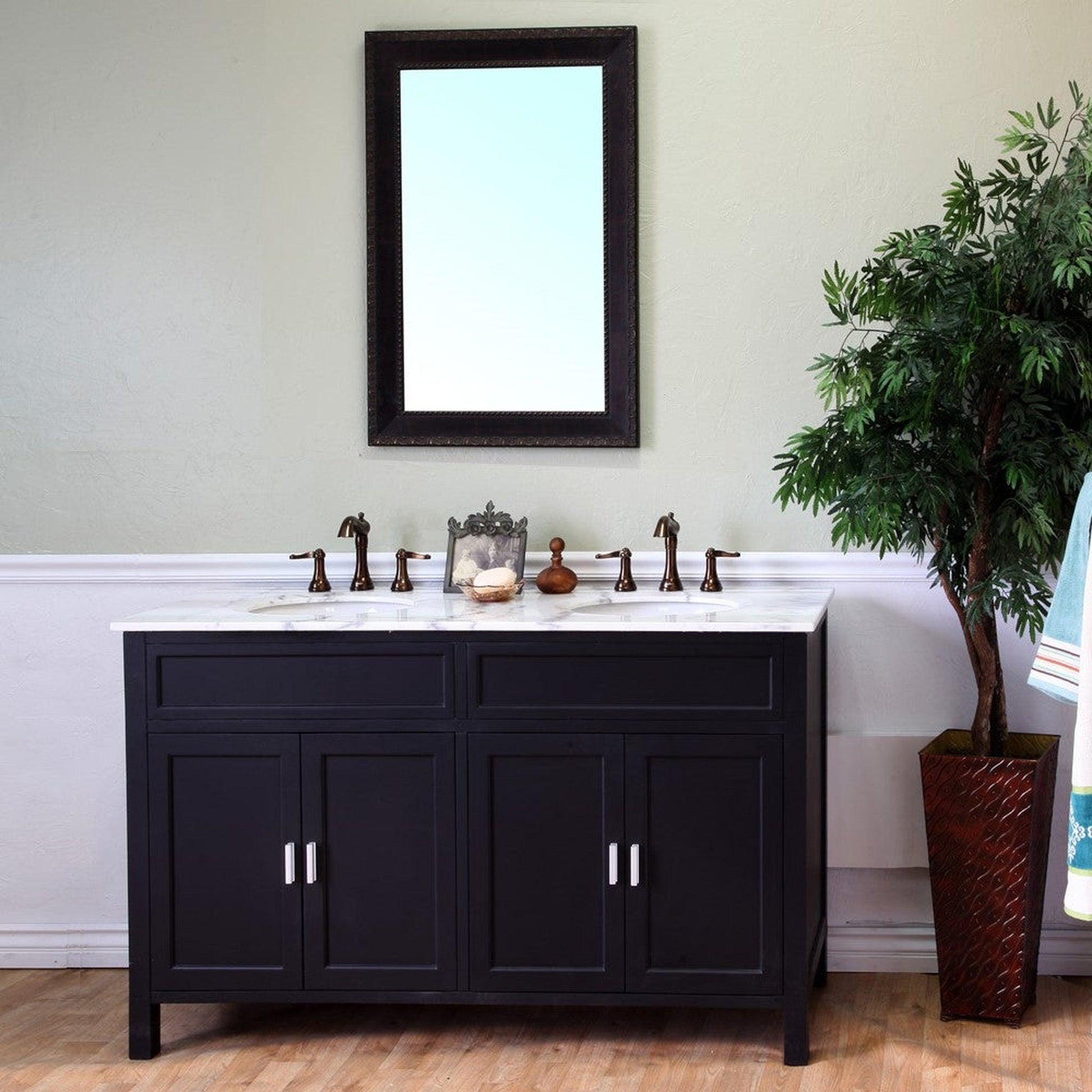 Bellaterra Home 60" 4-Door Ebony Freestanding Vanity Set With UPC White Double Undermount Oval Sink and White Marble Top