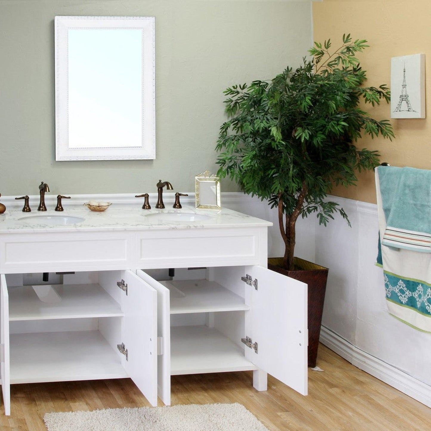Bellaterra Home 60" 4-Door White Freestanding Vanity Set With UPC White Double Undermount Oval Sink and White Marble Top
