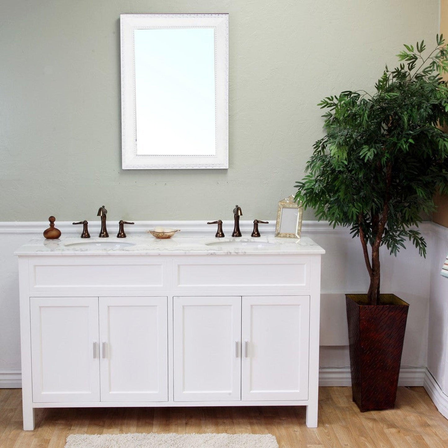 Bellaterra Home 60" 4-Door White Freestanding Vanity Set With UPC White Double Undermount Oval Sink and White Marble Top