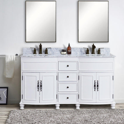 Bellaterra Home 62" 4-Door 4-Drawer Antique White Freestanding Vanity Set With Ceramic Double Undermount Oval Sink and Marble Top