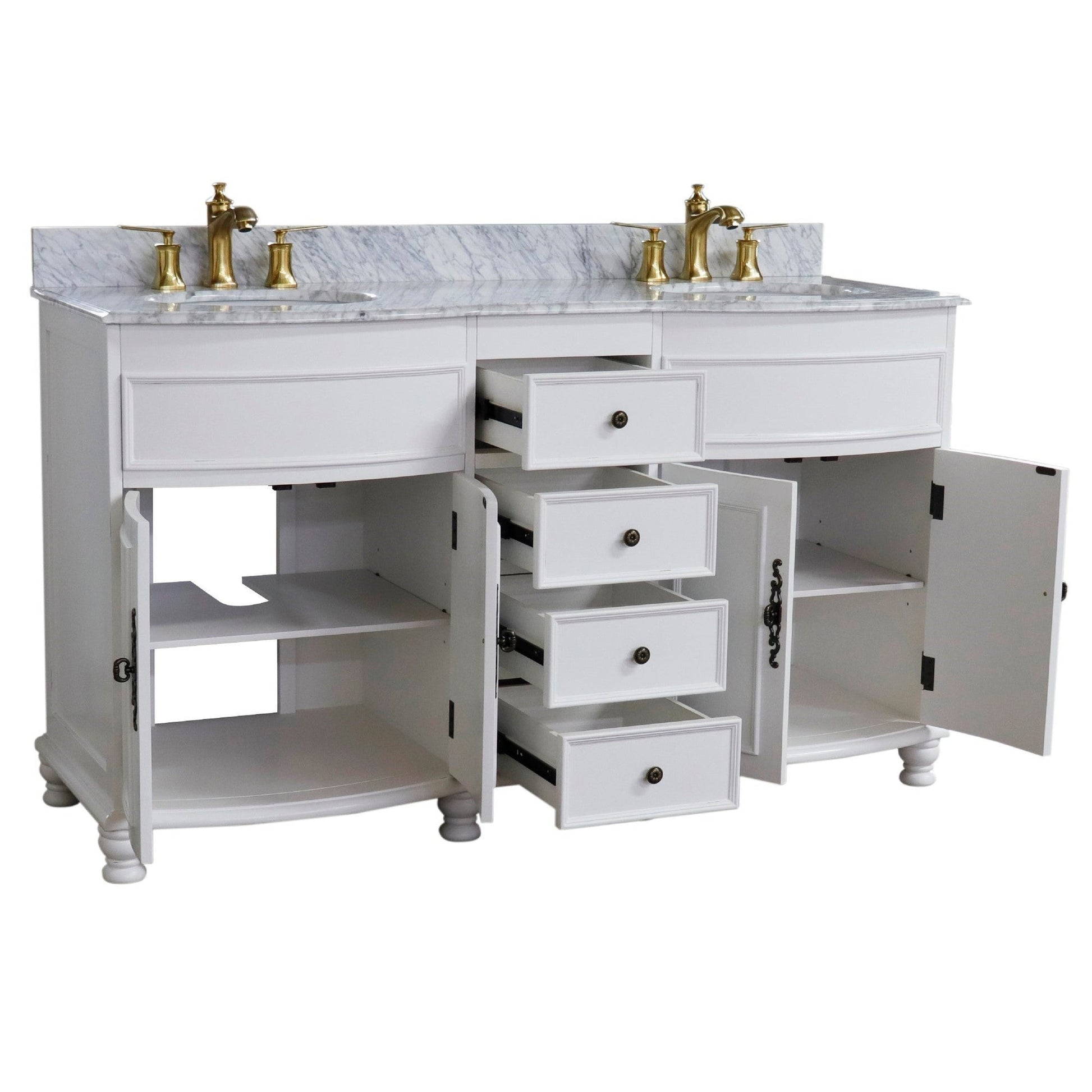 Bellaterra Home 62" 4-Door 4-Drawer Antique White Freestanding Vanity Set With Ceramic Double Undermount Oval Sink and Marble Top