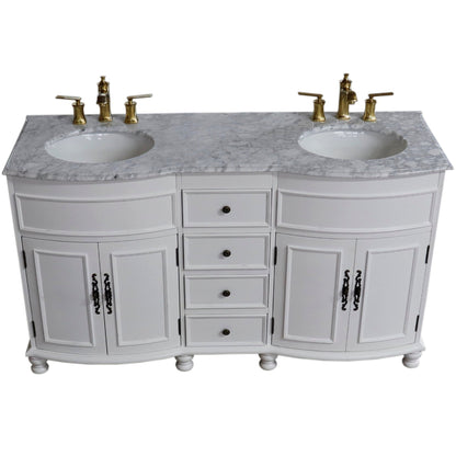 Bellaterra Home 62" 4-Door 4-Drawer Antique White Freestanding Vanity Set With Ceramic Double Undermount Oval Sink and Marble Top