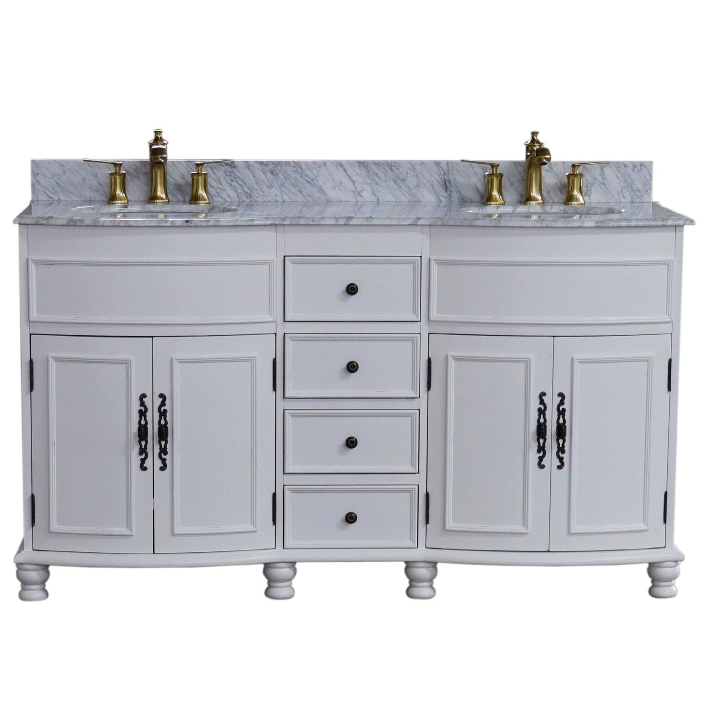 Bellaterra Home 62" 4-Door 4-Drawer Antique White Freestanding Vanity Set With Ceramic Double Undermount Oval Sink and Marble Top