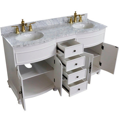 Bellaterra Home 62" 4-Door 4-Drawer Antique White Freestanding Vanity Set With Ceramic Double Undermount Oval Sink and Marble Top