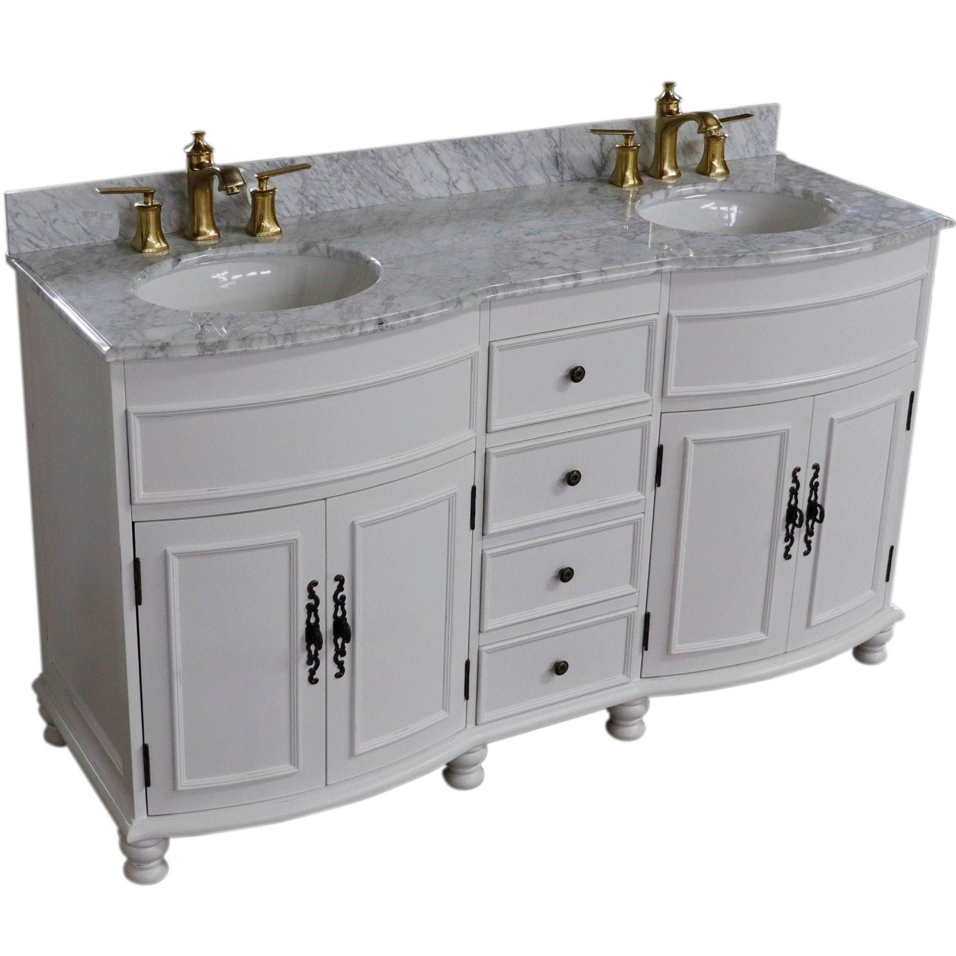 Bellaterra Home 62" 4-Door 4-Drawer Antique White Freestanding Vanity Set With Ceramic Double Undermount Oval Sink and Marble Top