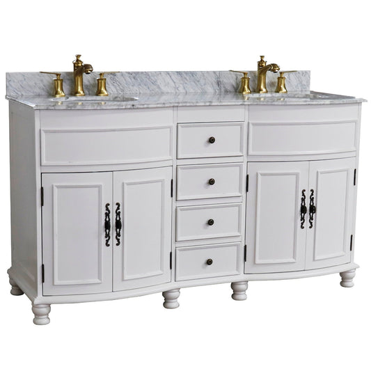 Bellaterra Home 62" 4-Door 4-Drawer Antique White Freestanding Vanity Set With Ceramic Double Undermount Oval Sink and Marble Top
