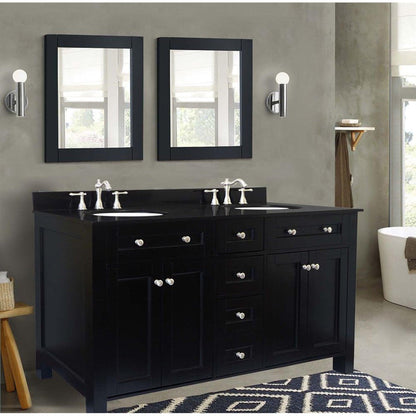 Bellaterra Home 62" 4-Door 4-Drawer Black Freestanding Vanity Set With Ceramic Double Undermount Oval Sink and Black Galaxy Top