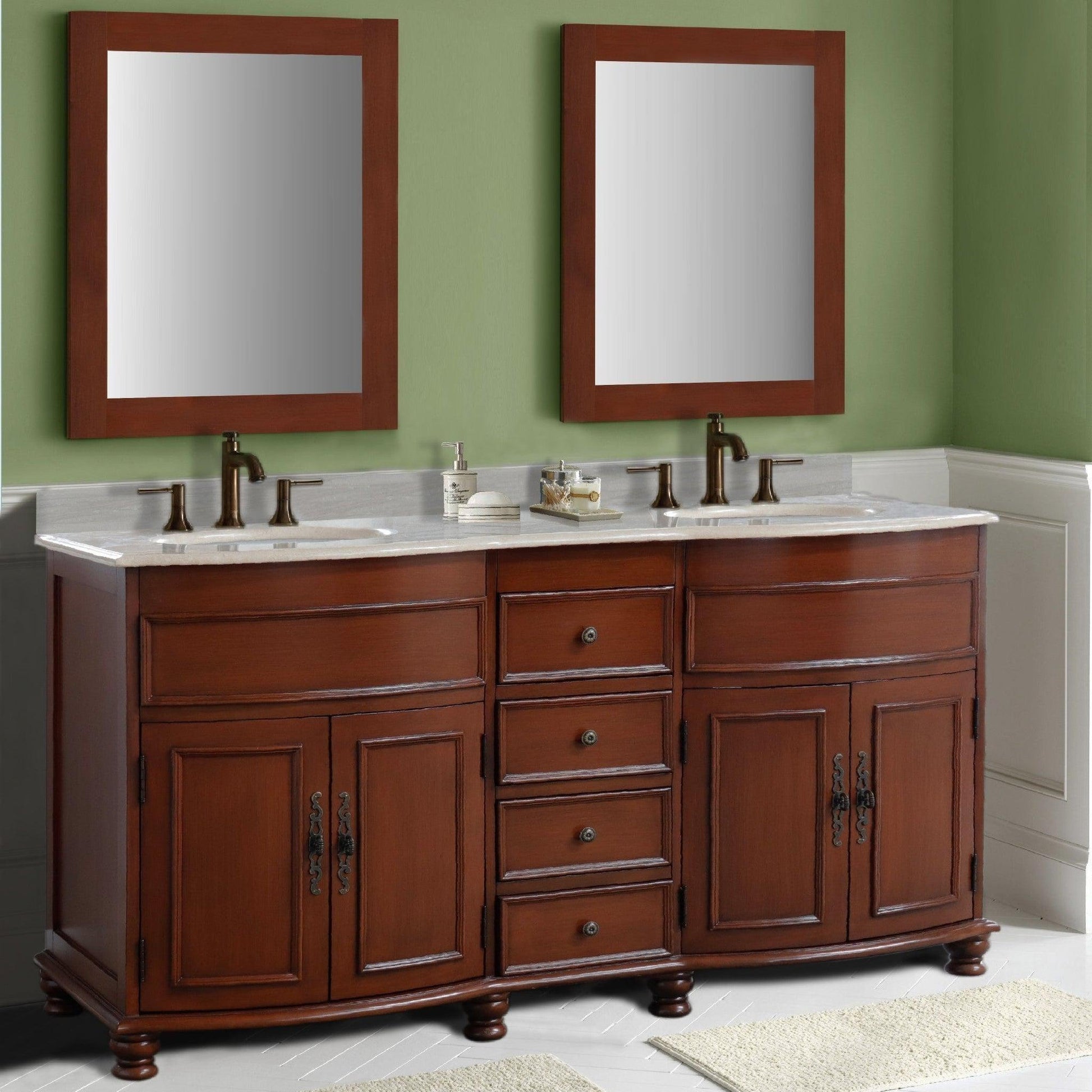 Bellaterra Home 62" 4-Door 4-Drawer Walnut Freestanding Vanity Set With Ceramic Double Undermount Oval Sink and Travertine Top