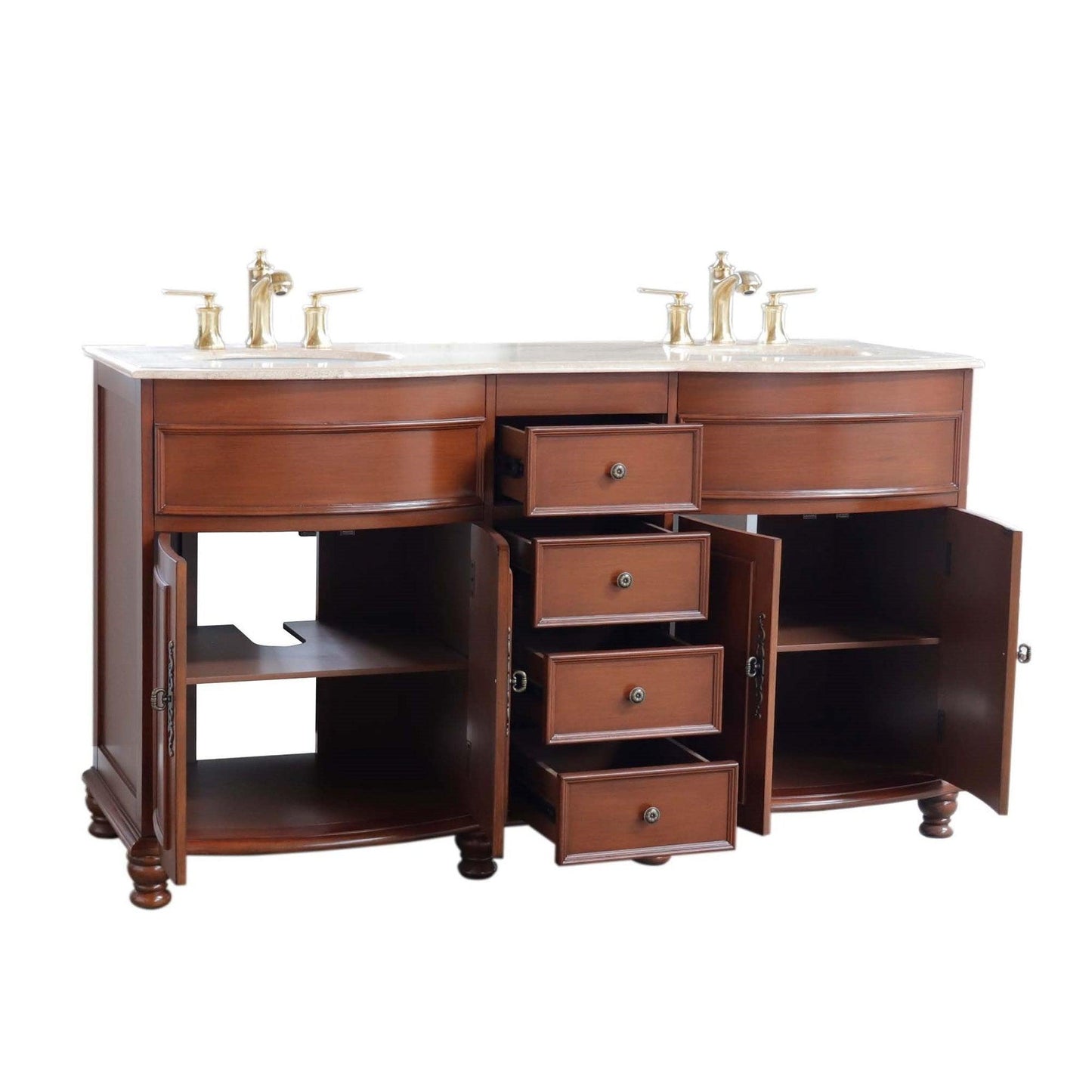 Bellaterra Home 62" 4-Door 4-Drawer Walnut Freestanding Vanity Set With Ceramic Double Undermount Oval Sink and Travertine Top