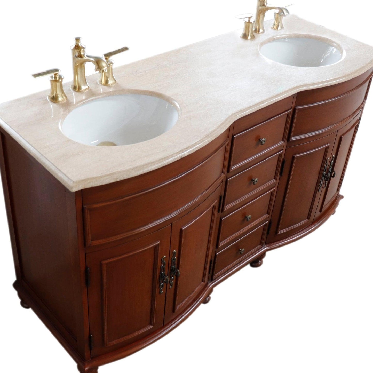 Bellaterra Home 62" 4-Door 4-Drawer Walnut Freestanding Vanity Set With Ceramic Double Undermount Oval Sink and Travertine Top