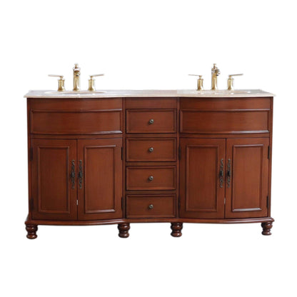 Bellaterra Home 62" 4-Door 4-Drawer Walnut Freestanding Vanity Set With Ceramic Double Undermount Oval Sink and Travertine Top