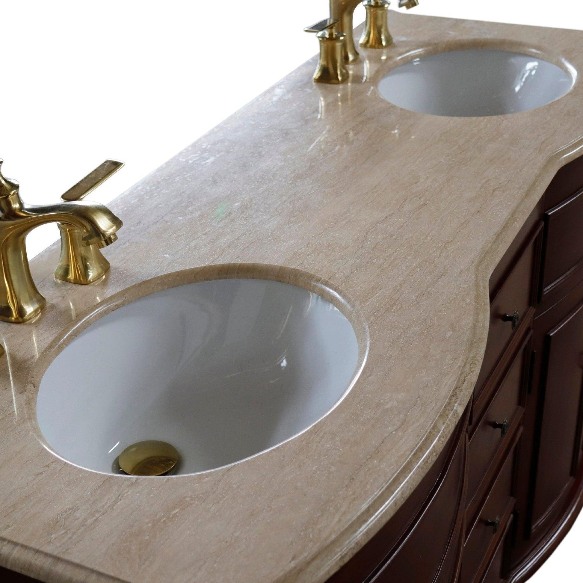 Bellaterra Home 62" 4-Door 4-Drawer Walnut Freestanding Vanity Set With Ceramic Double Undermount Oval Sink and Travertine Top