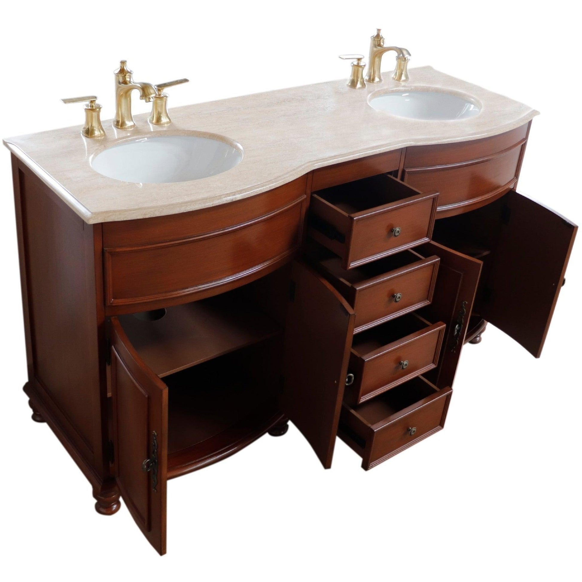 Bellaterra Home 62" 4-Door 4-Drawer Walnut Freestanding Vanity Set With Ceramic Double Undermount Oval Sink and Travertine Top