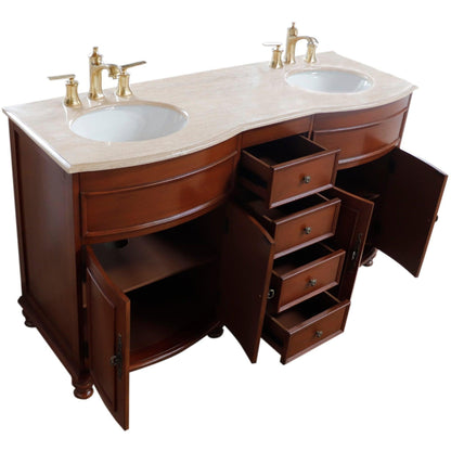 Bellaterra Home 62" 4-Door 4-Drawer Walnut Freestanding Vanity Set With Ceramic Double Undermount Oval Sink and Travertine Top