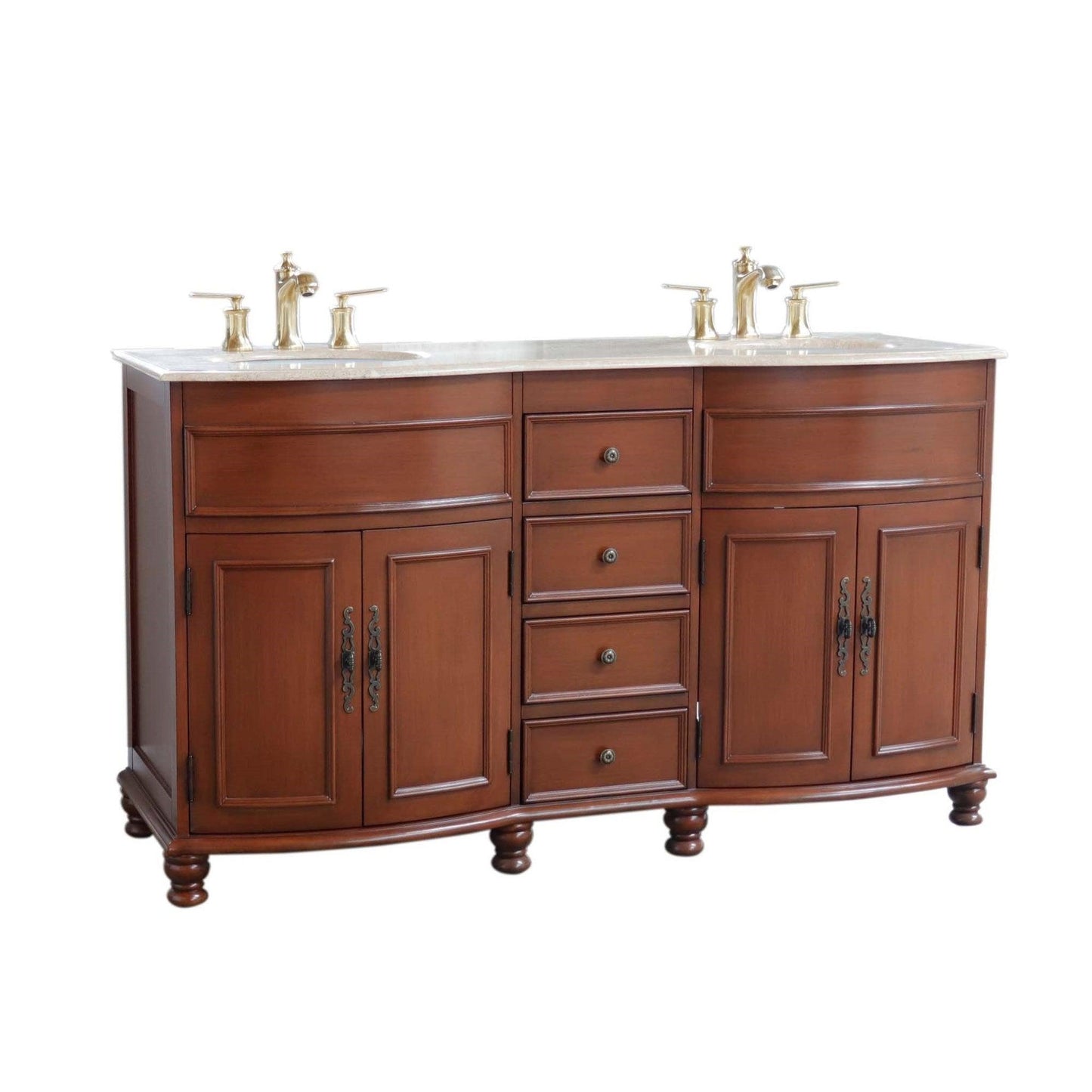 Bellaterra Home 62" 4-Door 4-Drawer Walnut Freestanding Vanity Set With Ceramic Double Undermount Oval Sink and Travertine Top