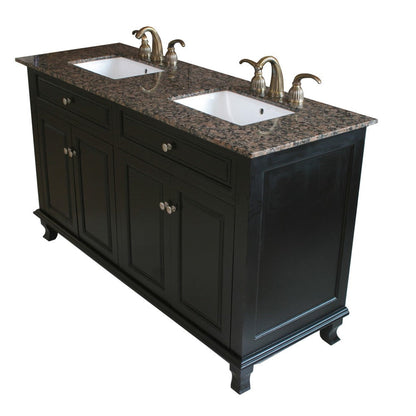 Bellaterra Home 62" 4-Door Ebony Freestanding Vanity Set With UPC White Double Undermount Rectangular Sink and Baltic Brown Marble Top