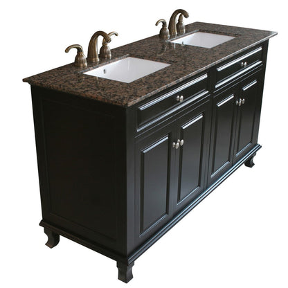 Bellaterra Home 62" 4-Door Ebony Freestanding Vanity Set With UPC White Double Undermount Rectangular Sink and Baltic Brown Marble Top