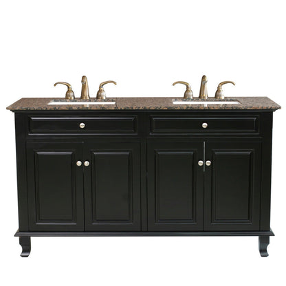 Bellaterra Home 62" 4-Door Ebony Freestanding Vanity Set With UPC White Double Undermount Rectangular Sink and Baltic Brown Marble Top