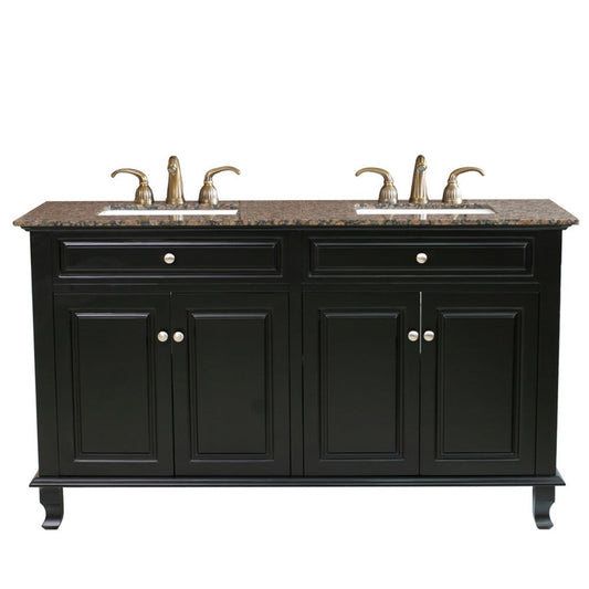 Bellaterra Home 62" 4-Door Ebony Freestanding Vanity Set With UPC White Double Undermount Rectangular Sink and Baltic Brown Marble Top