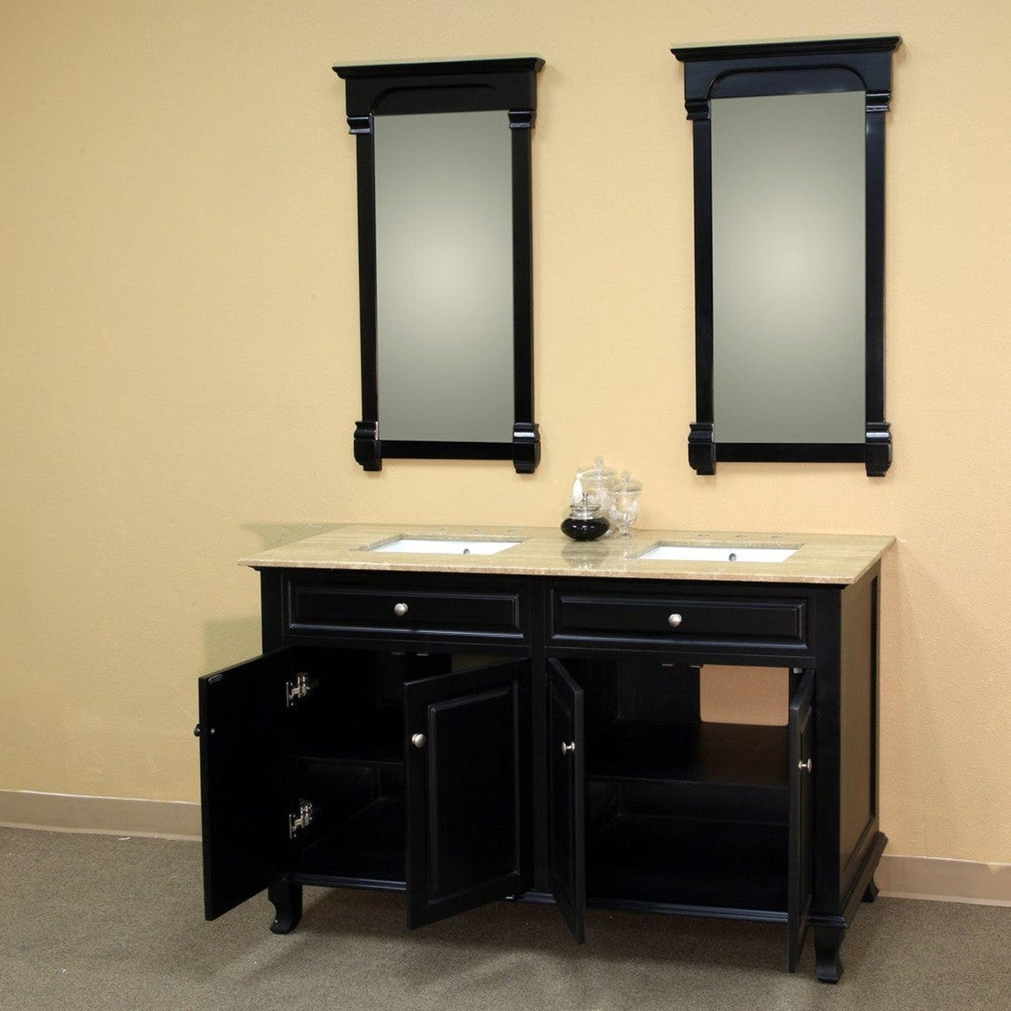 Bellaterra Home 62" 4-Door Ebony Freestanding Vanity Set With UPC White Double Undermount Rectangular Sink and Travertine Top