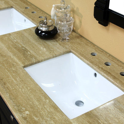 Bellaterra Home 62" 4-Door Ebony Freestanding Vanity Set With UPC White Double Undermount Rectangular Sink and Travertine Top