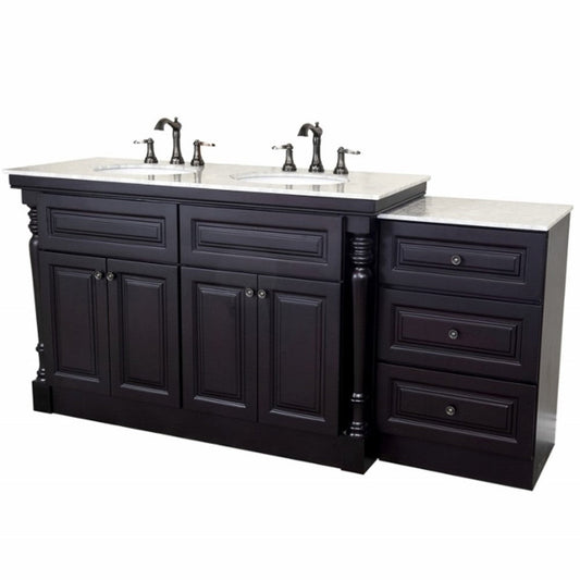 Bellaterra Home 74" 4-Door 3-Drawer Dark Mahogany Freestanding Vanity Set With Ceramic Double Undermount Oval Sink and White Carrara Top, and Tiered Side Base