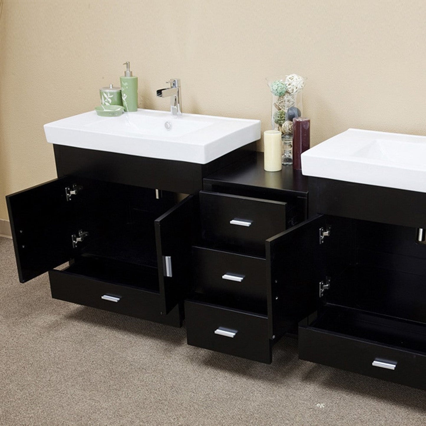 Bellaterra Home 81" 4-Door 5-Drawer Black Freestanding Vanity Set With White Ceramic Double Integrated Sink and White Ceramic Top