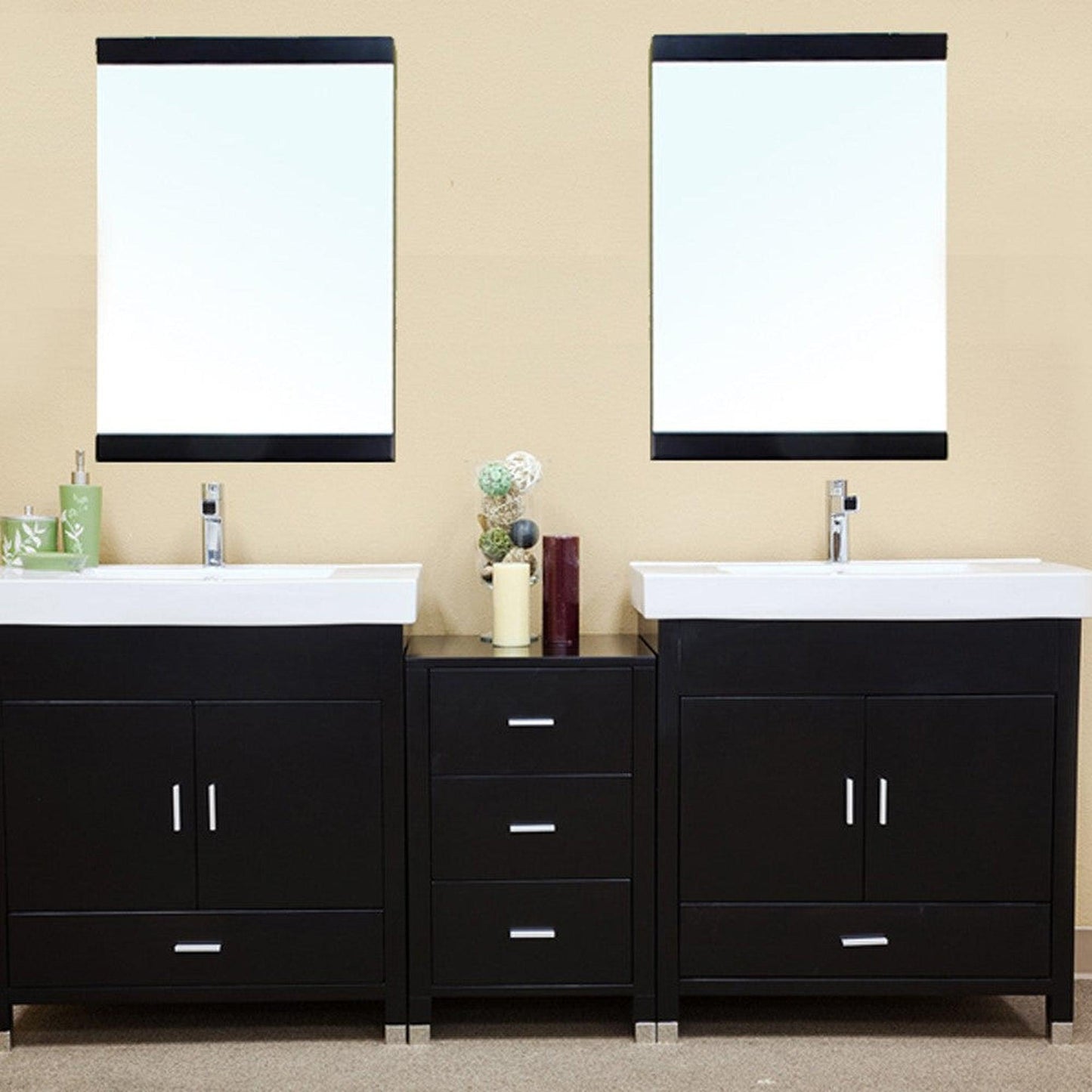 Bellaterra Home 81" 4-Door 5-Drawer Black Freestanding Vanity Set With White Ceramic Double Integrated Sink and White Ceramic Top