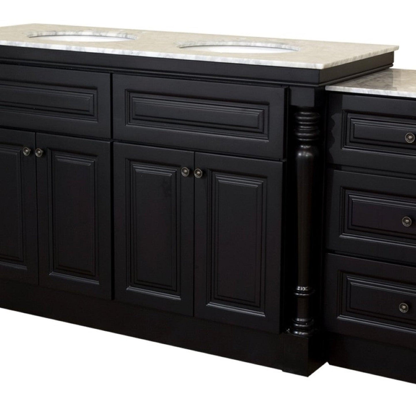 Bellaterra Home 93" 4-Door 6-Drawer Dark Mahogany Freestanding Vanity Set With Ceramic Double Undermount Oval Sink and White Carrara Top, and Tiered Side Base