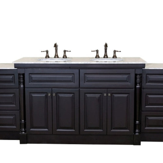 Bellaterra Home 93" 4-Door 6-Drawer Dark Mahogany Freestanding Vanity Set With Ceramic Double Undermount Oval Sink and White Carrara Top, and Tiered Side Base