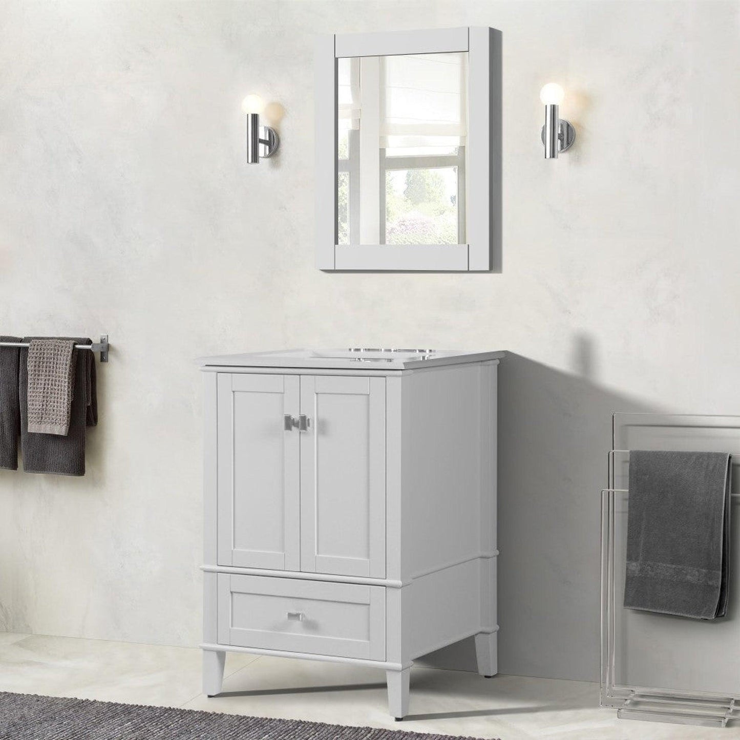 Bellaterra Home Aurora 25" 2-Door 1-Drawer White Freestanding Vanity Set With Ceramic Undermount Rectangular Sink and Engineered Quartz Stone Top