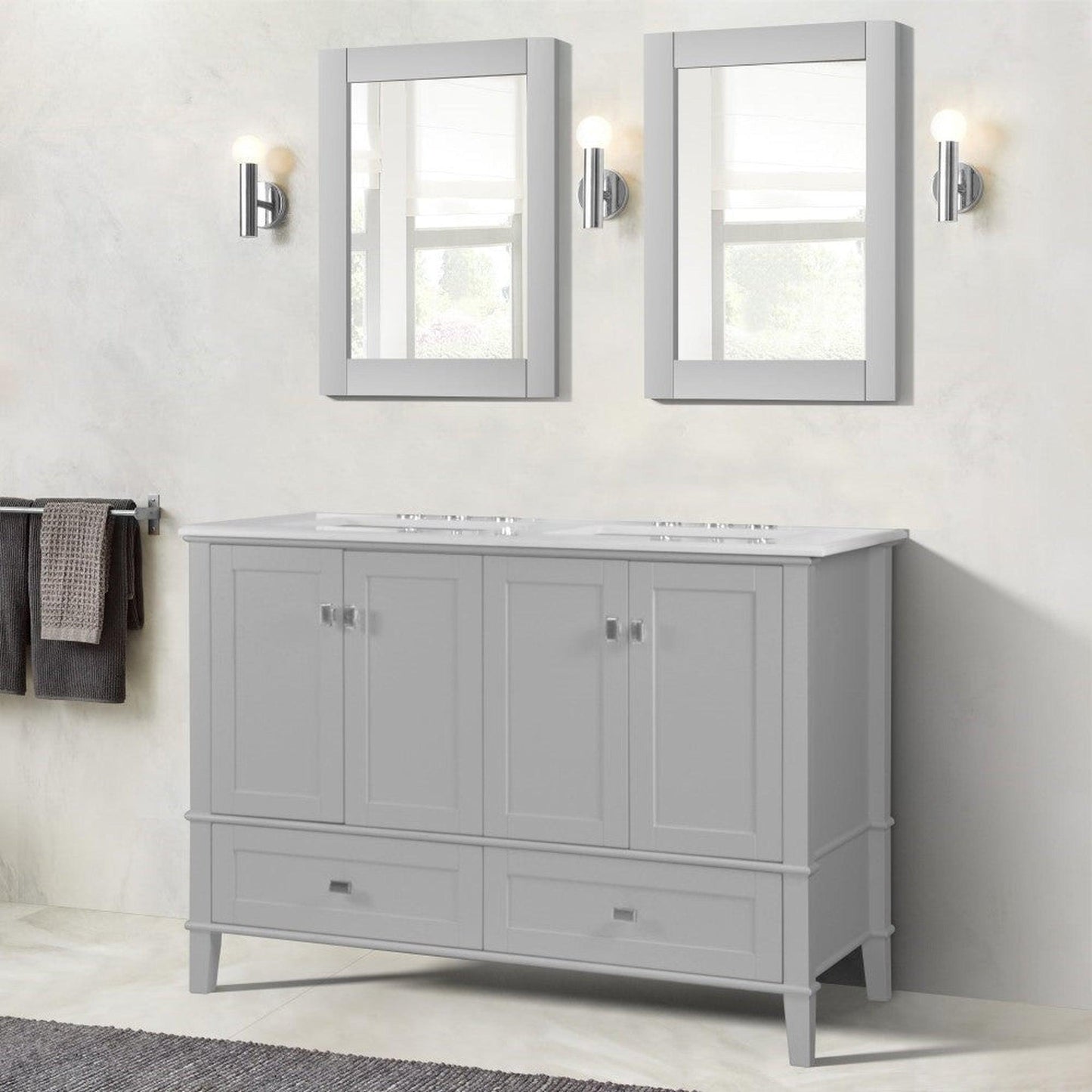 Bellaterra Home Aurora 49" 4-Door 2-Drawer Gray Freestanding Vanity Set With Ceramic Double Undermount Rectangular Sink and Engineered Quartz Stone Top