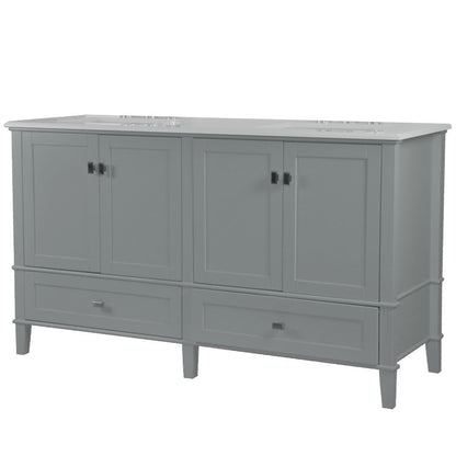 Bellaterra Home Aurora 61" 4-Door 2-Drawer Gray Freestanding Vanity Set With Ceramic Double Undermount Rectangular Sink and Engineered Quartz Stone Top