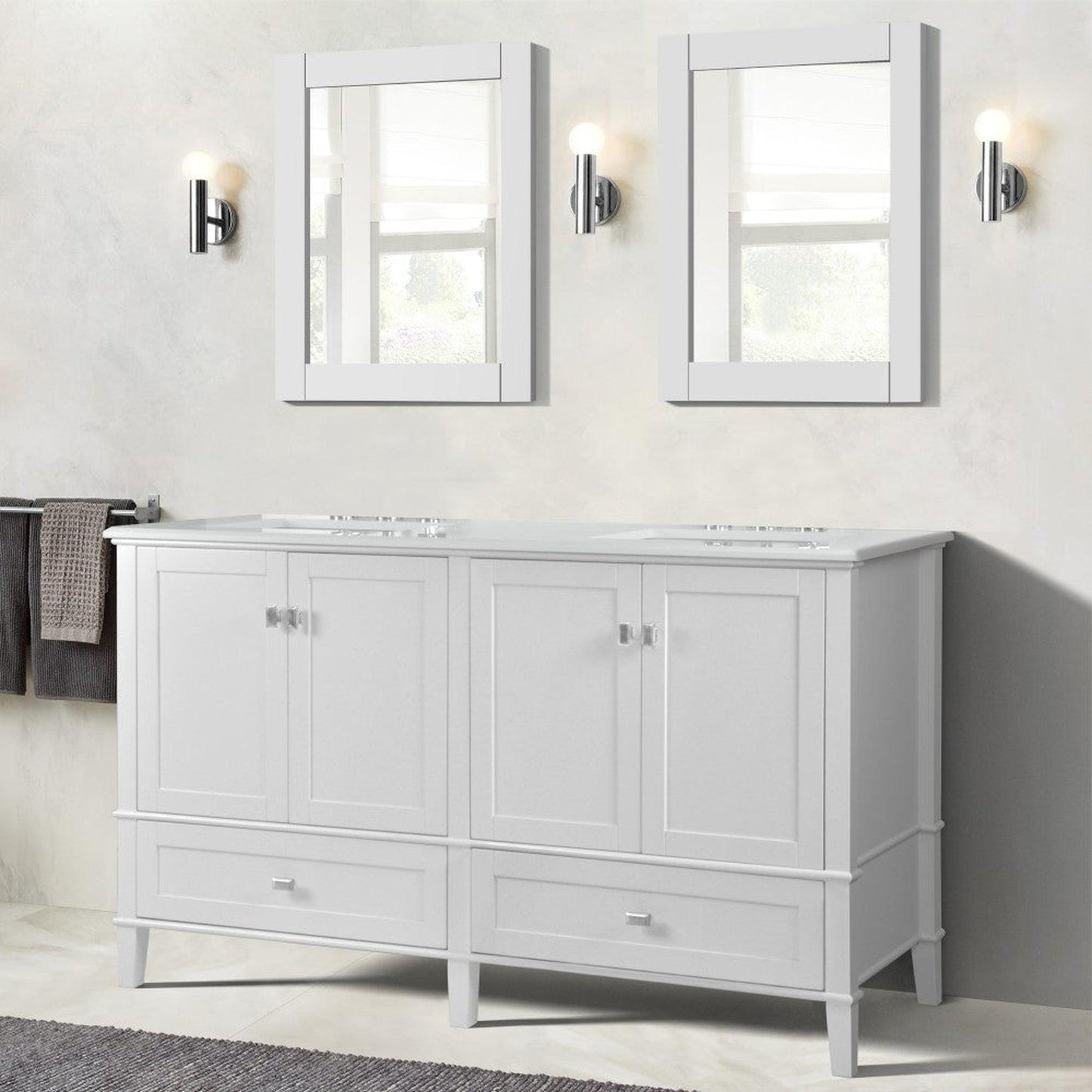 Bellaterra Home Aurora 61" 4-Door 2-Drawer White Freestanding Vanity Set With Ceramic Double Undermount Rectangular Sink and Engineered Quartz Stone Top