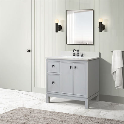 Bellaterra Home G3722-BL-FG-AQ 37" French Gray Single Sink Vanity With Engineered Stone Top and Black Hardware