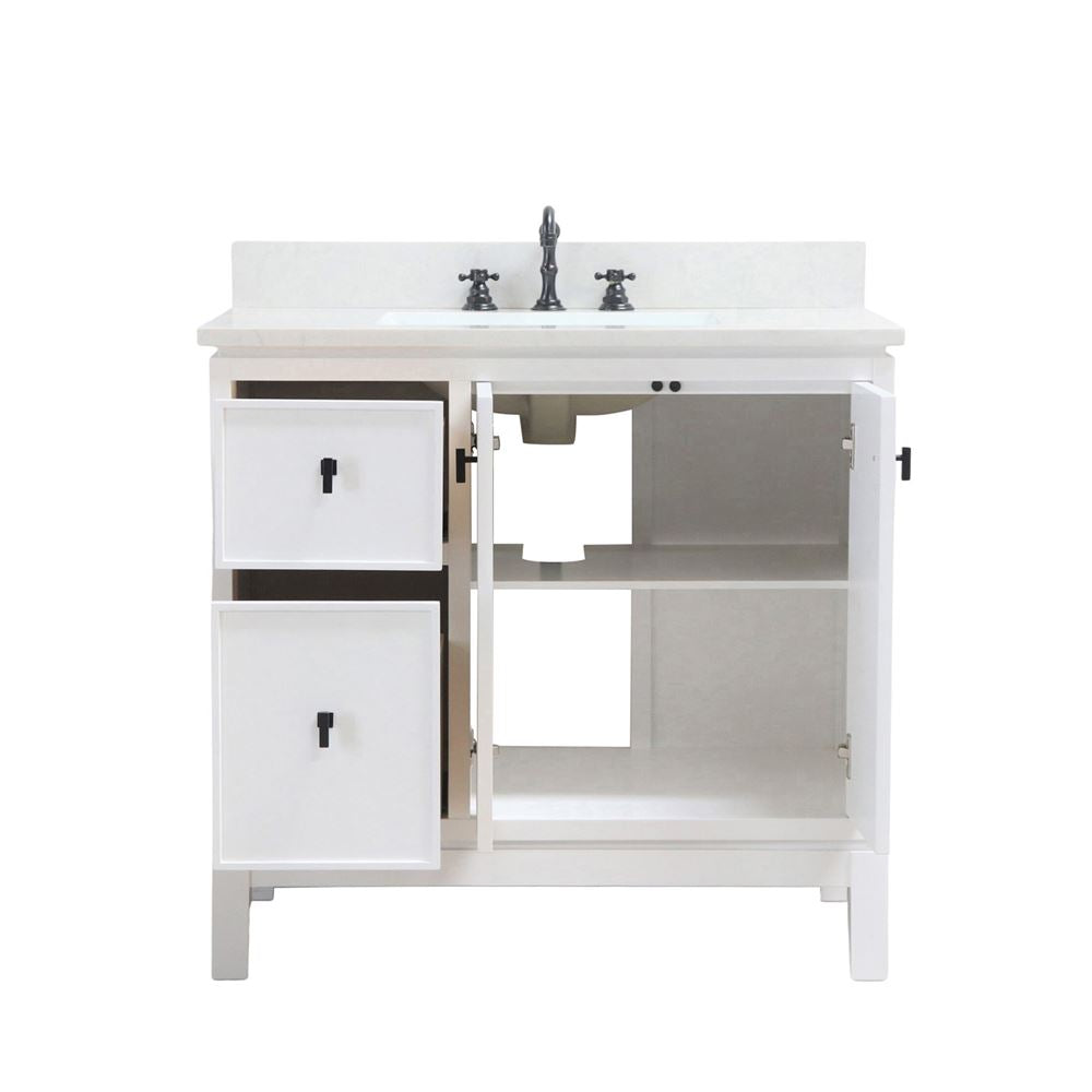 Bellaterra Home G3722-BL-WH-AQ 37" White Single Sink Vanity With Engineered Stone Top and Black Hardware