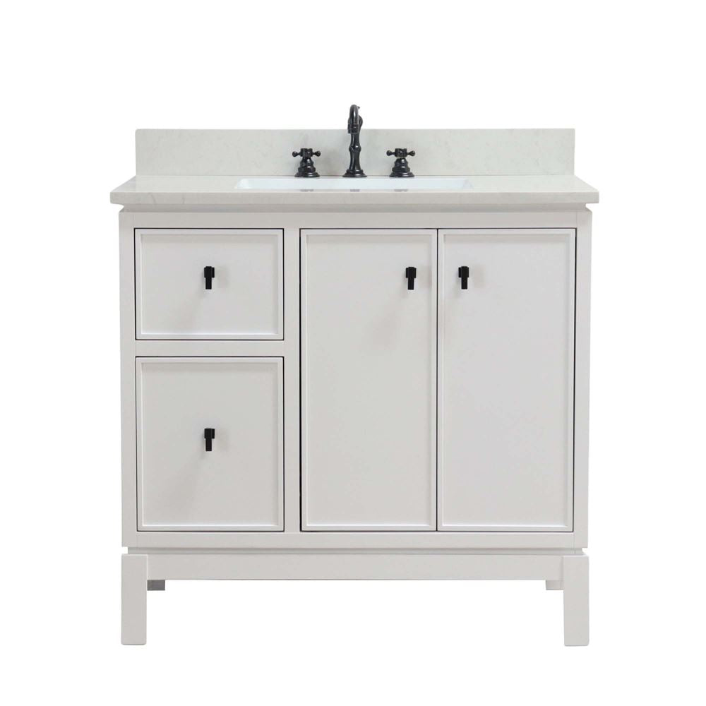 Bellaterra Home G3722-BL-WH-AQ 37" White Single Sink Vanity With Engineered Stone Top and Black Hardware