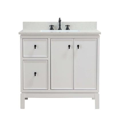 Bellaterra Home G3722-BL-WH-AQ 37" White Single Sink Vanity With Engineered Stone Top and Black Hardware