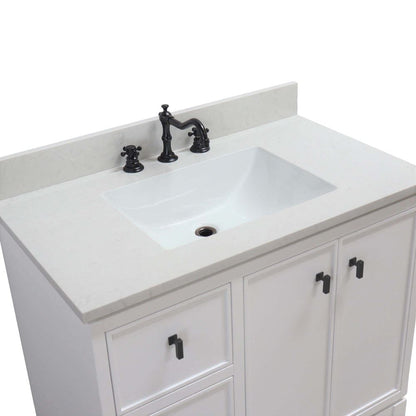 Bellaterra Home G3722-BL-WH-AQ 37" White Single Sink Vanity With Engineered Stone Top and Black Hardware
