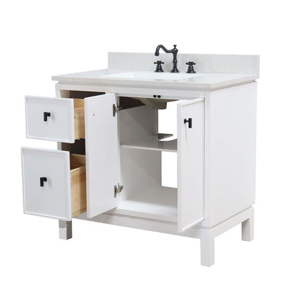 Bellaterra Home G3722-BL-WH-AQ 37" White Single Sink Vanity With Engineered Stone Top and Black Hardware