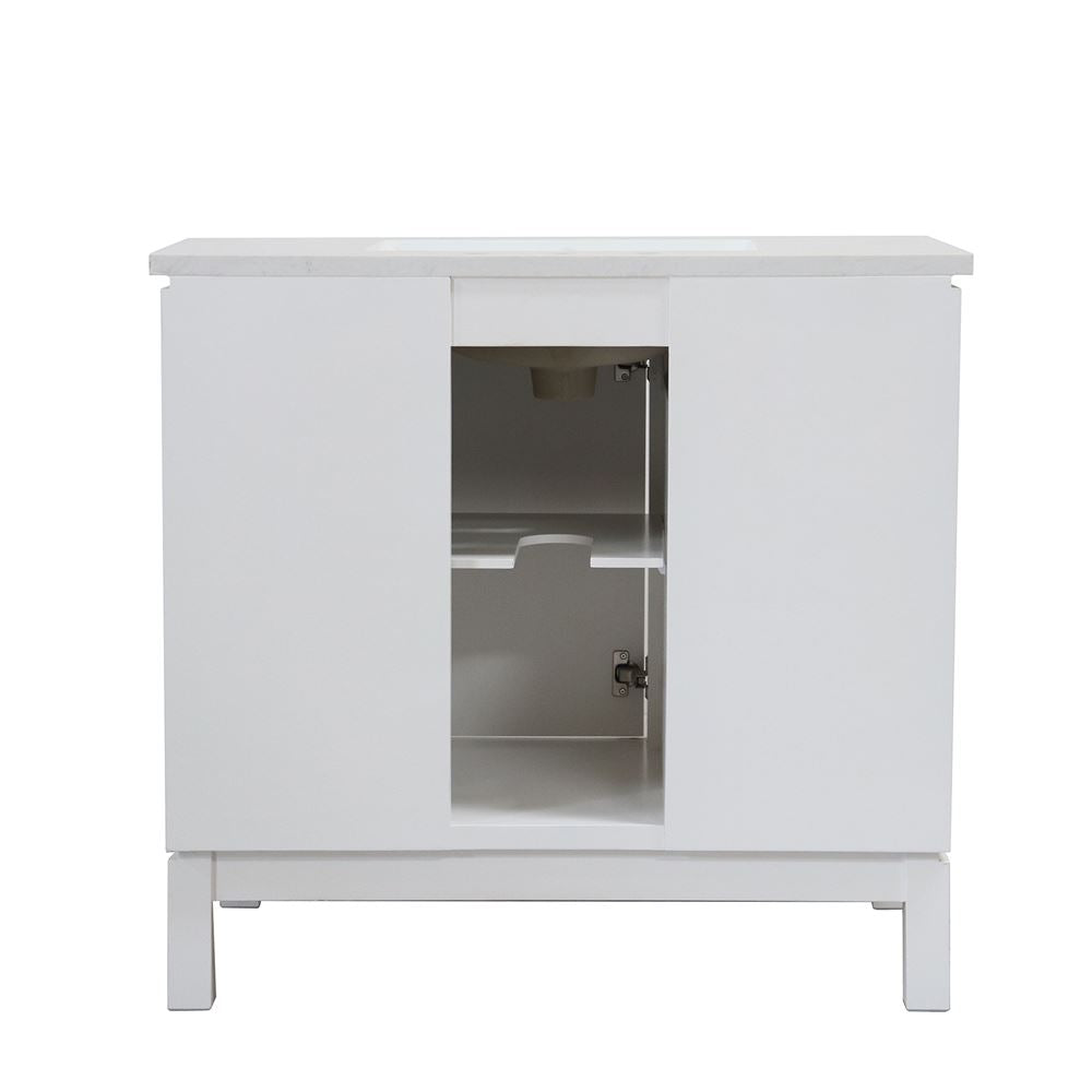 Bellaterra Home G3722-BL-WH-AQ 37" White Single Sink Vanity With Engineered Stone Top and Black Hardware